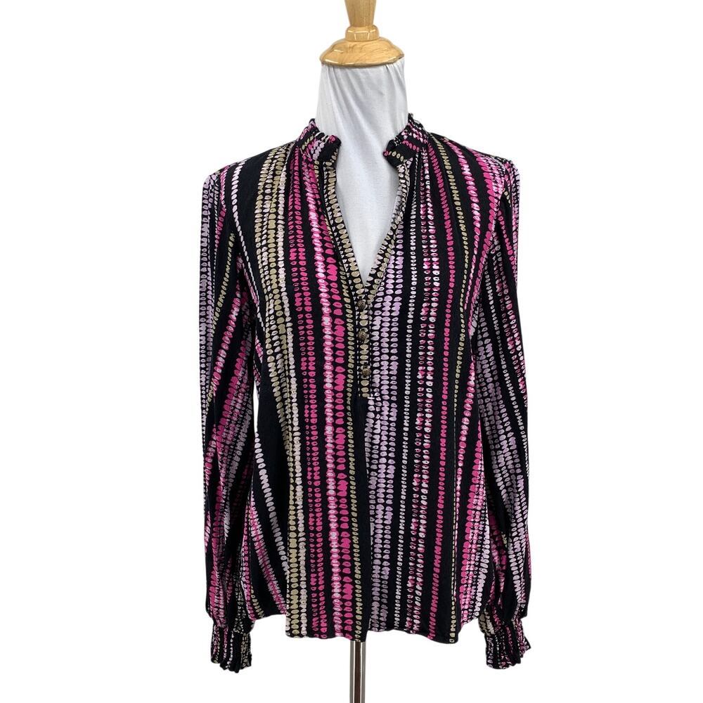 Maeve Top Women XS Extra Small Colette Peasant Stripe Split V Neck Smocked Wrist